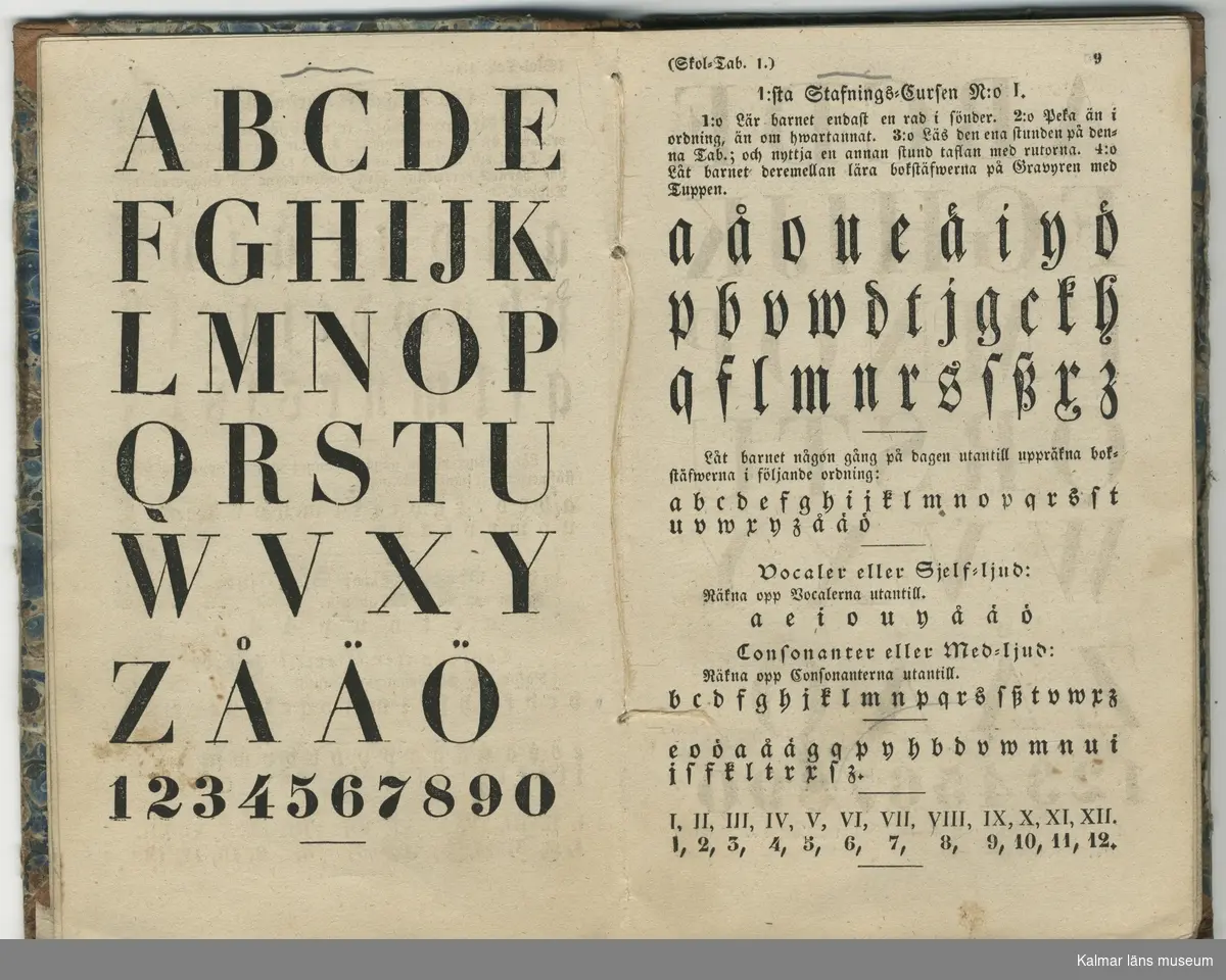 KLM 20863 Skolbok. Pappband med skinnrygg. Lärobok, för att lära sig skriva och läsa. Oldberg, Anders, Hem-Skolan, Barnens bok, Första Cursen. Stockholm 1859. Af Anders Oldberg, Direktör för Folk-Lärare seminarium i Uppsala och Lärare wid H.K.H. Hertigens af Upland, Prins Frans Gustaf Oscars Folk-Skola. Fjerde upplagan. Stockholm, på L.J. Hjertas förlag, Stockholm. tryckt hos Joh. Beckman, 1859. Ägarnamnteckning på första bladet, Cecilia Fryxell.