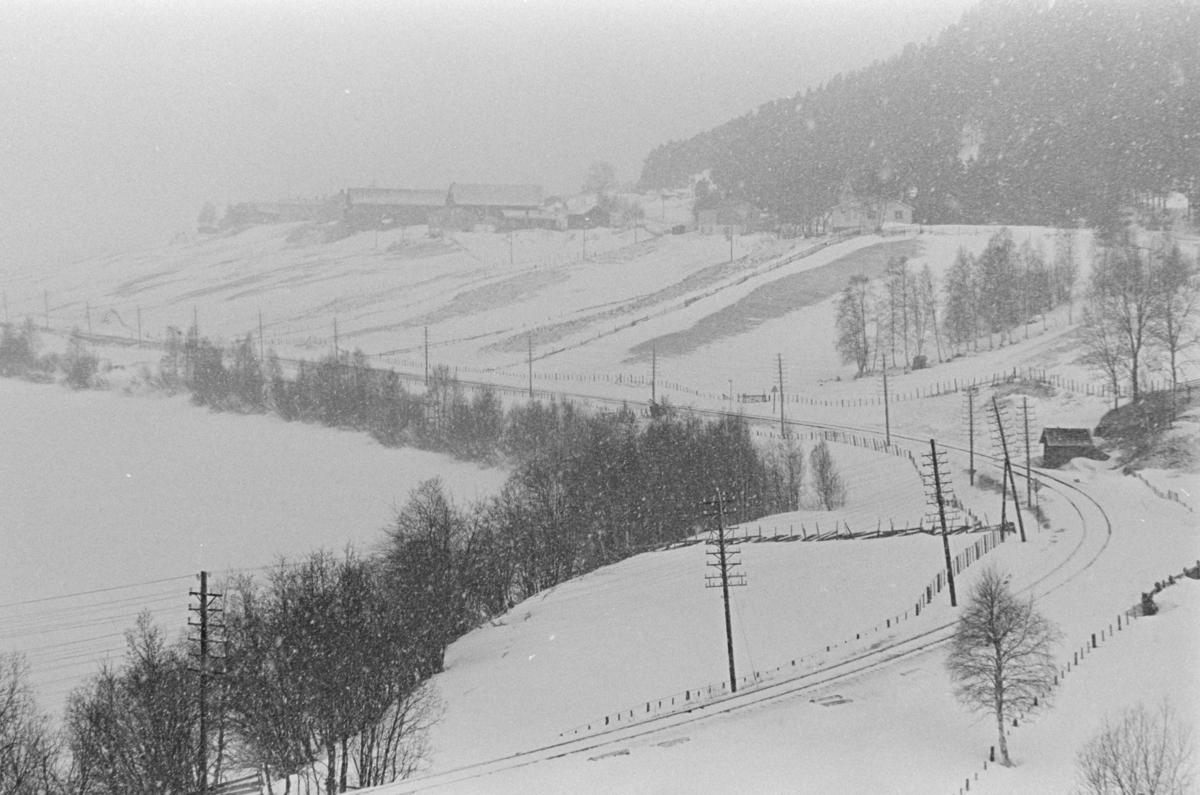 Ukjent, landskap,vinter,snøvær,jernbane,telefonstolper, gard, Alvdal?