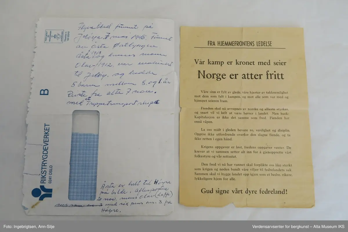 Et A5 papirark med maskinskrevet tekst.