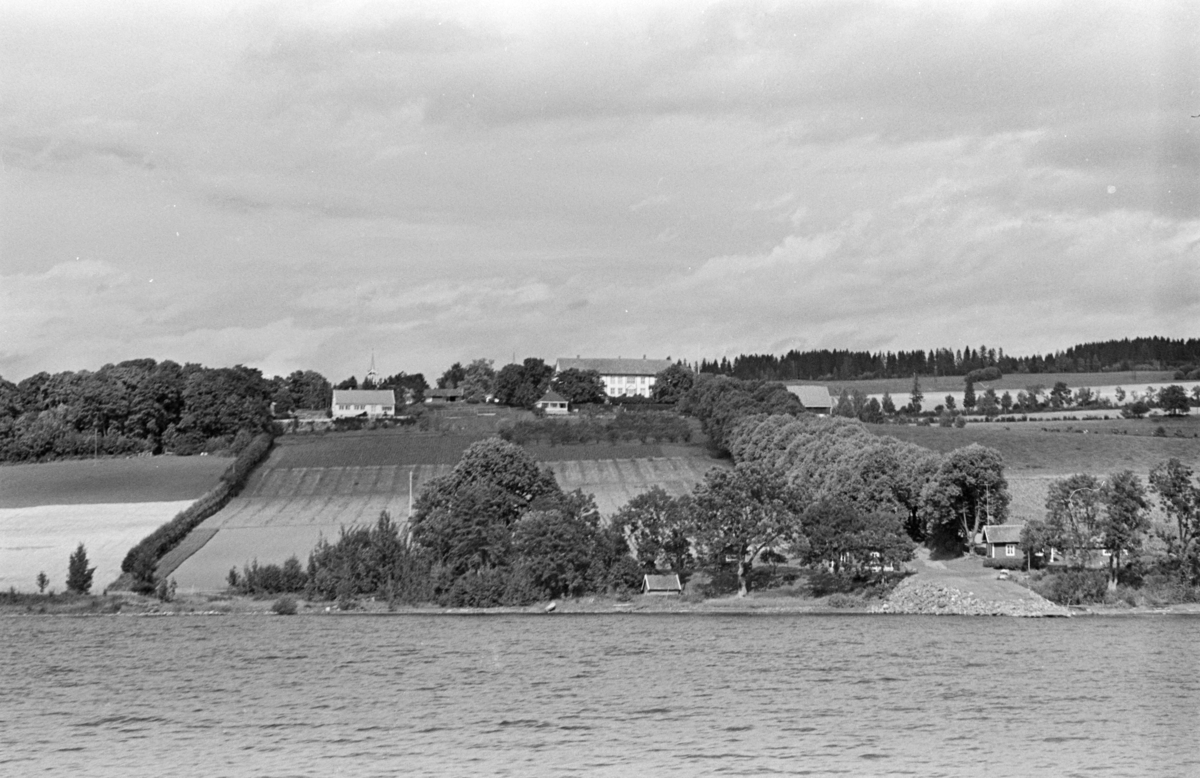 Hoel gard, Nes, Hedmark sett fra Mjøsa. Fabrikkstuene nedenfor lindealleen.