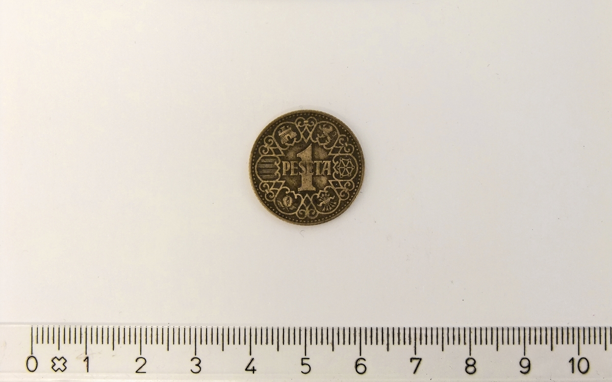 1 Peseta,  SPANIA,  1944,  Juan Carlos I,  Aluminium-Bronse.

Form:  Sirkulær