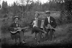 Tre män spelar gitarr, dragspel och luta.