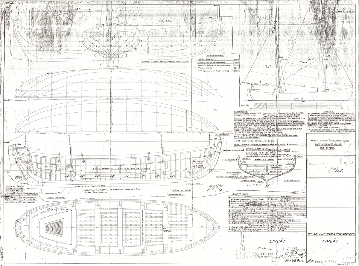 Plan, profil, spant och segelritning. Livbåt till fpk Gotland