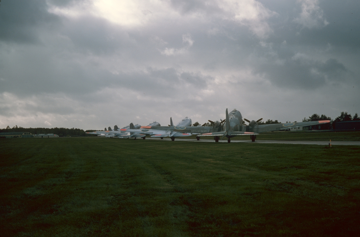 Flygvapnets alla sex flygplan TP 79 på Malmens flygfält den 8 september 1981. Flygplanen uppställda på fältet, vid uttaxning och start från flygfältet och flygande i luften. Serie om 20 bilder.