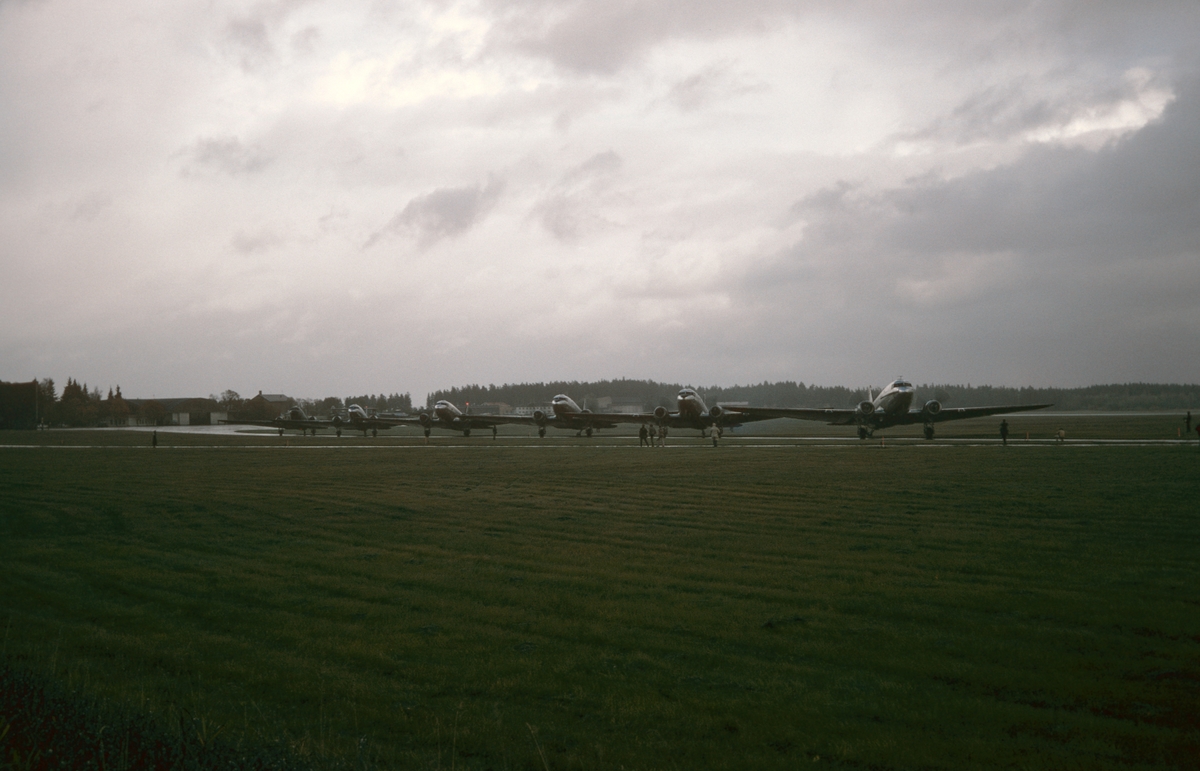 Flygvapnets alla sex flygplan TP 79 på Malmens flygfält den 8 september 1981. Flygplanen uppställda på fältet, vid uttaxning och start från flygfältet och flygande i luften. Serie om 20 bilder.