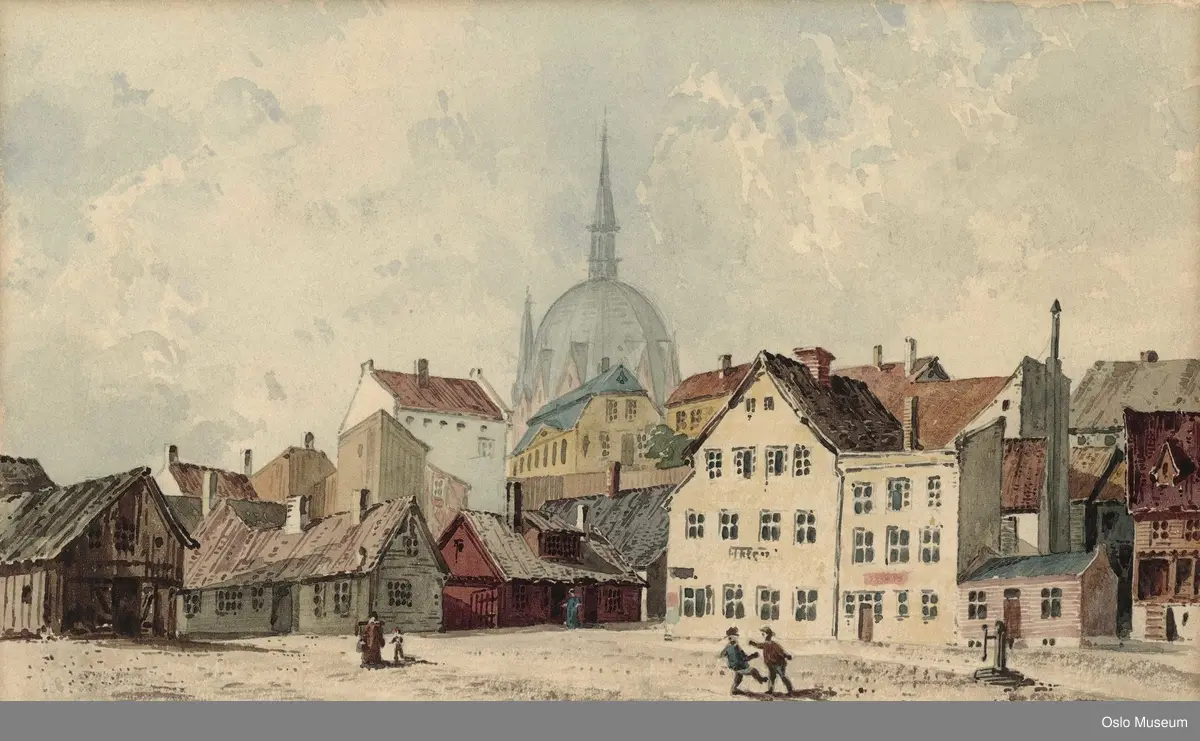 arkitektur, torv med hus rundt, kirkekuppel