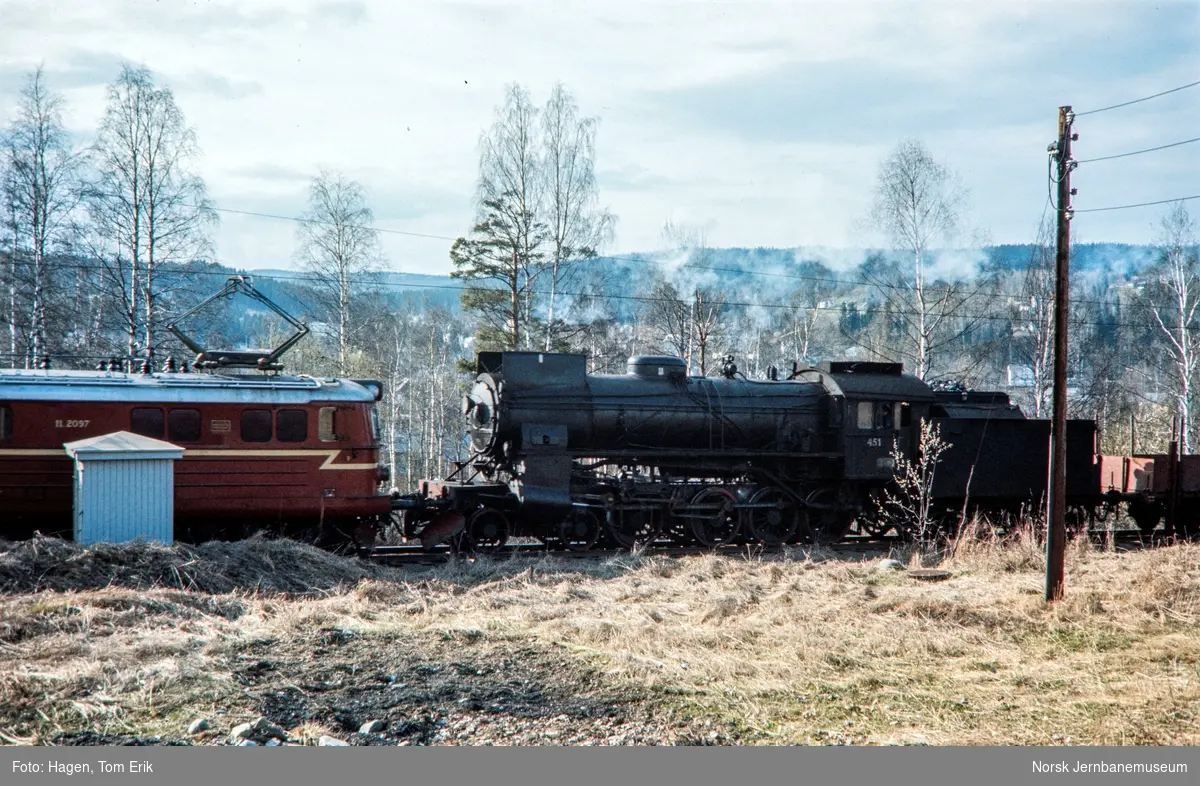 Damplokomotiv type 31b nr. 451 i godstog på Nygard stasjon