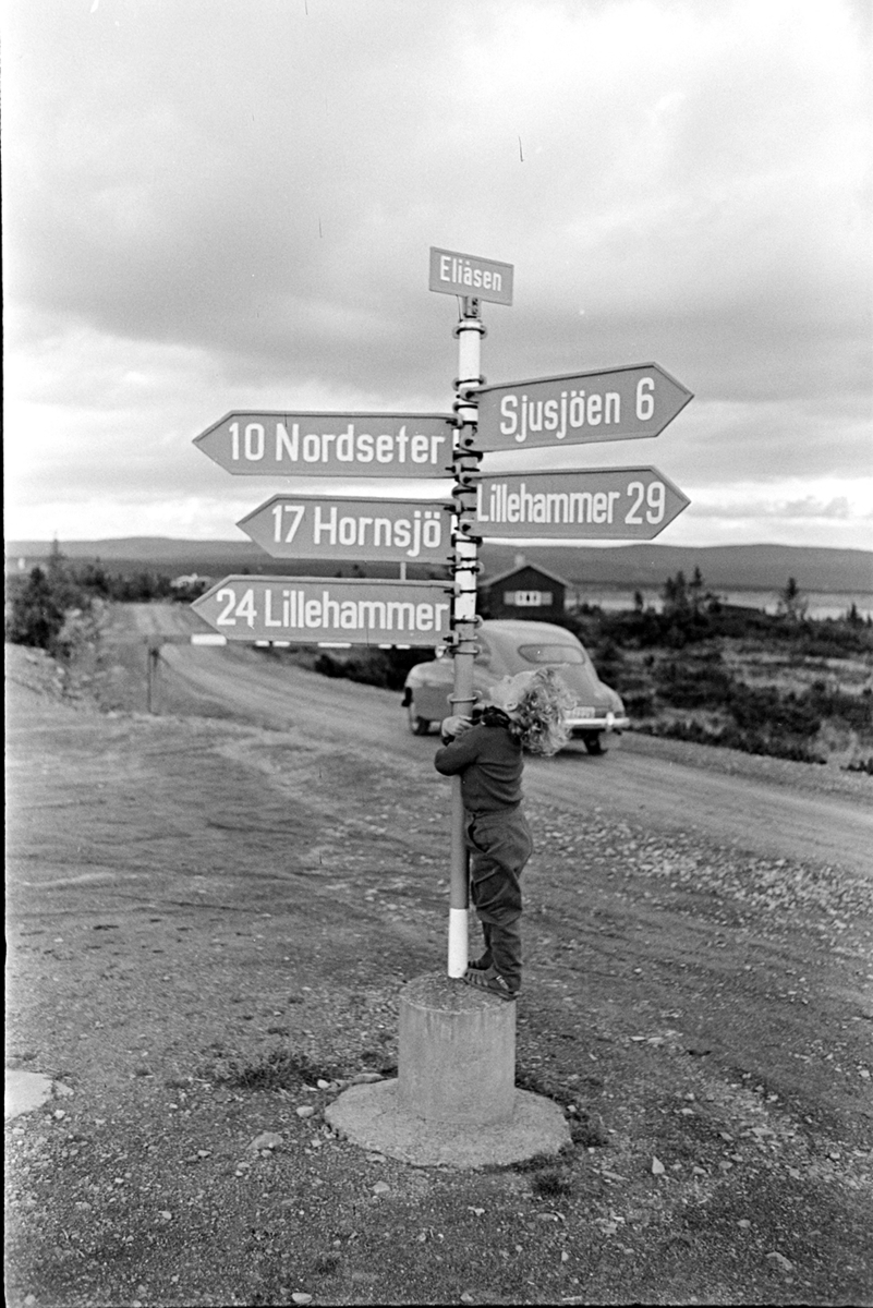 Eliåsen, vegbom, Ringsaker. Vegskilt, avstandsskilt.