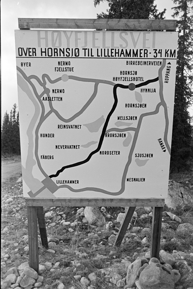 Kart, vegkart, Øyerfjellet, "Høyfjellsvei over Hornsjø til Lillehammer"