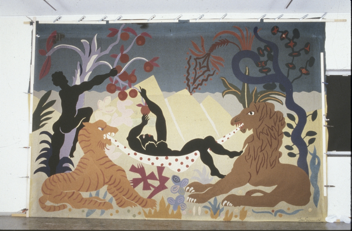 Rektangulär ylleapplikation, Paradiset. Av färgade ylletyger efter skisser av Grünewald, Isaac.