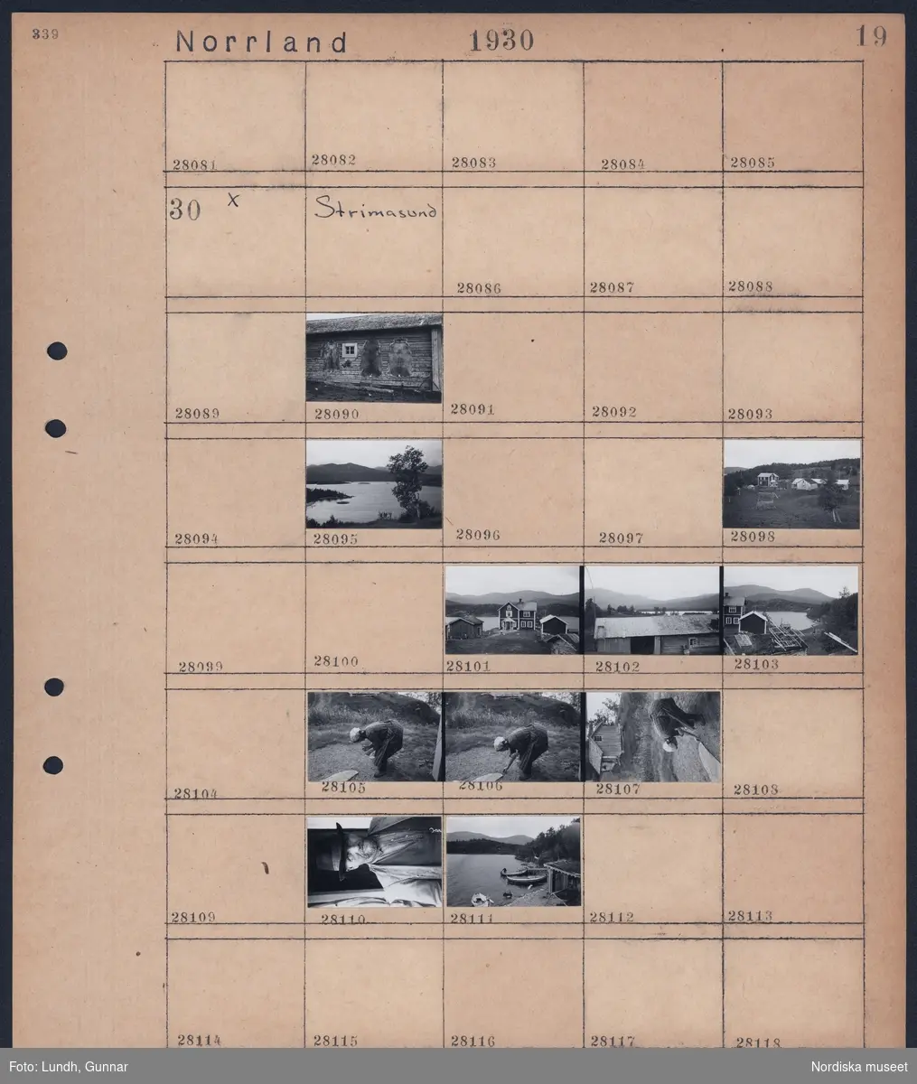 Motiv: Norrland, Strimasund;
Djurhudar uppspikade på en husvägg, landskapsvy med sjö och fjäll, landskapsvy med bebyggelse, en kvinna plockar saker på marken, porträtt av en man, hamn med båtar.