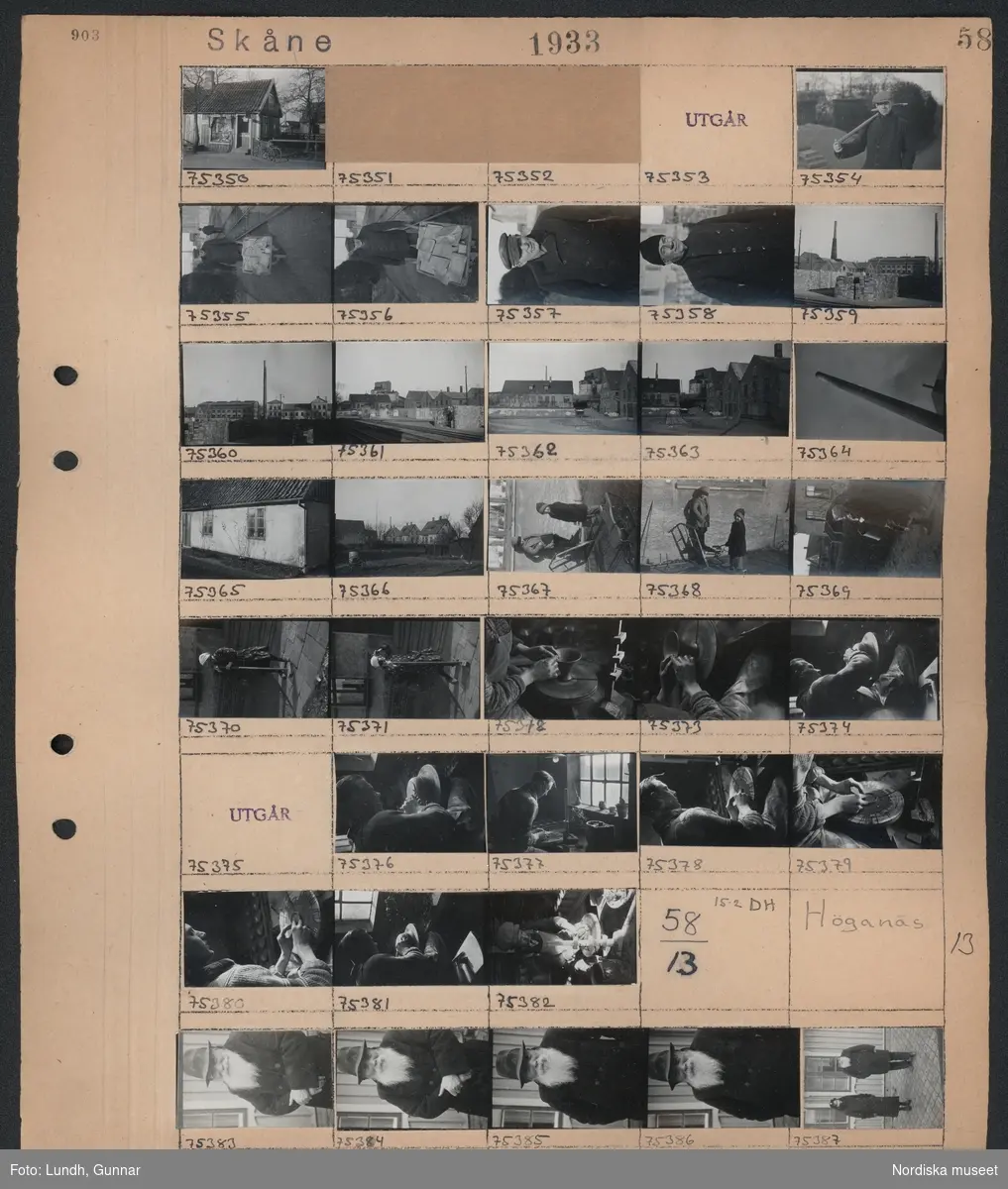 Motiv: Skåne, Höganäs, Johanssons keramikfabrik;
Exteriör av en affär, porträtt av en man, en man kör en skottkärra med inslagna paket, exteriör av en industribyggnad med staplade varor i förgrunden, en fabriksskorsten, exteriör av ett hus, porträtt av två barn, en kvinna bär en hink, en kvinna står med en kvast på gatan, en man drejar vid en drejskiva.

Motiv: Skåne, Höganäs;
Porträtt av en man, porträtt av en kvinna och en man.