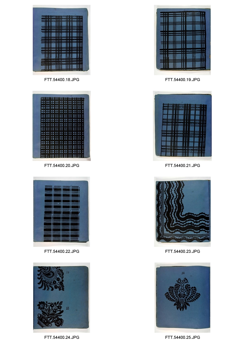 Bok med trykkblokkmønstre fra farver H. N. Schjølbergs arkiv.