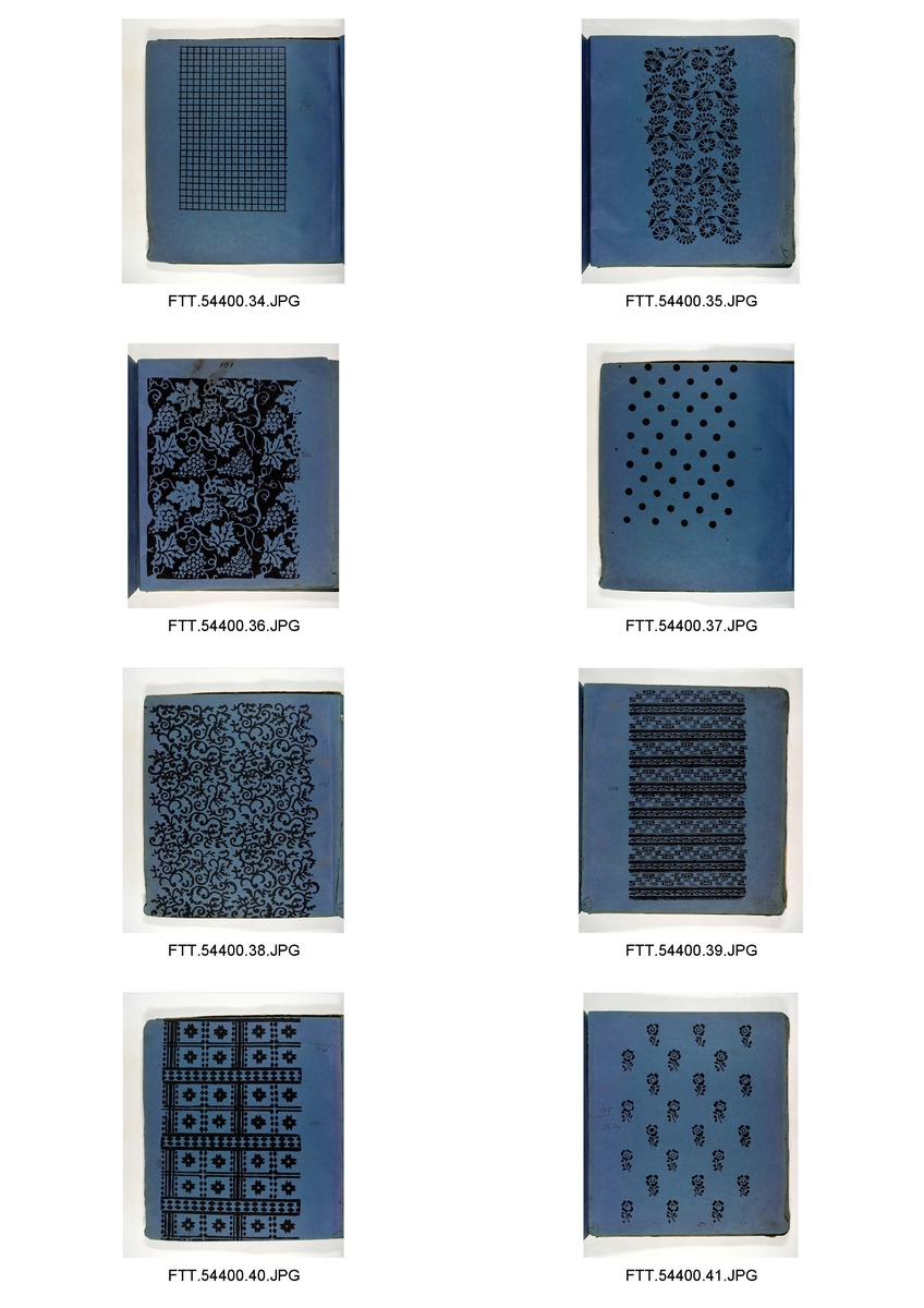 Bok med trykkblokkmønstre fra farver H. N. Schjølbergs arkiv.