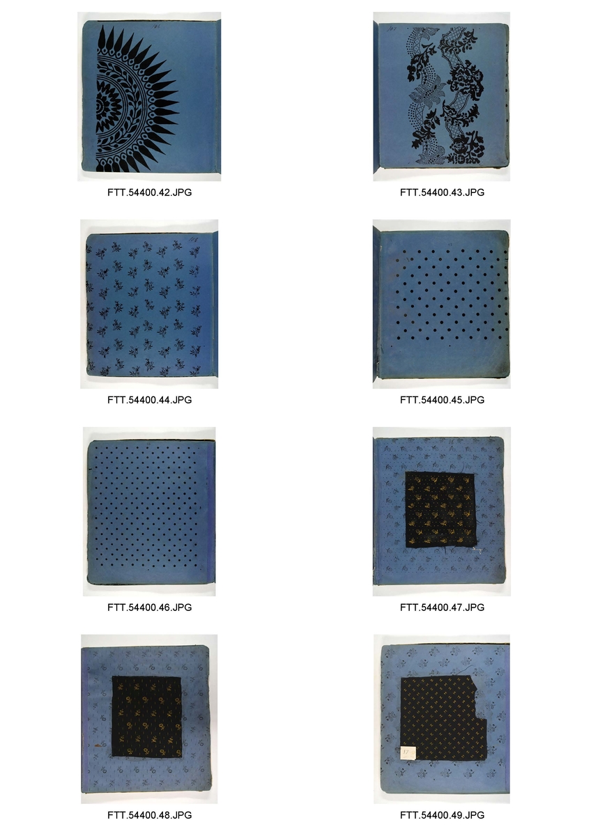 Bok med trykkblokkmønstre fra farver H. N. Schjølbergs arkiv.