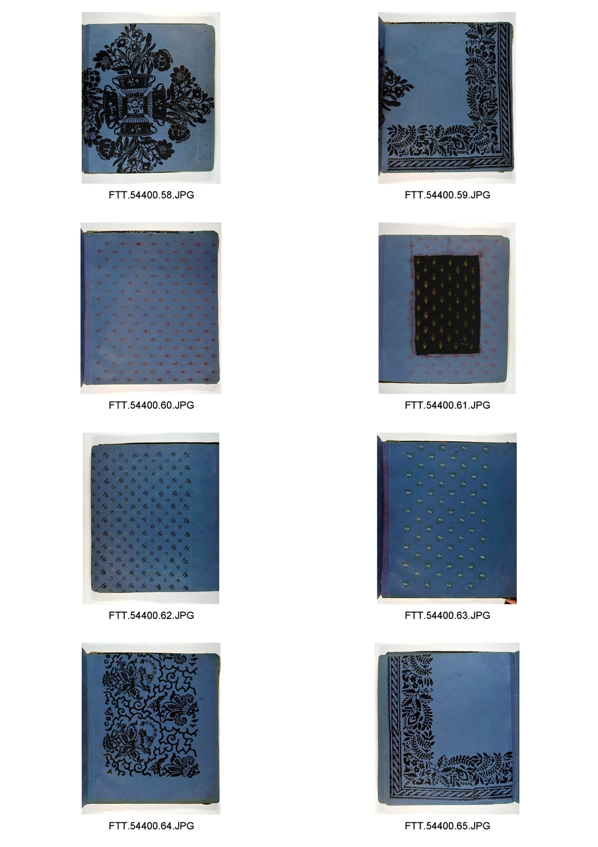 Bok med trykkblokkmønstre fra farver H. N. Schjølbergs arkiv.