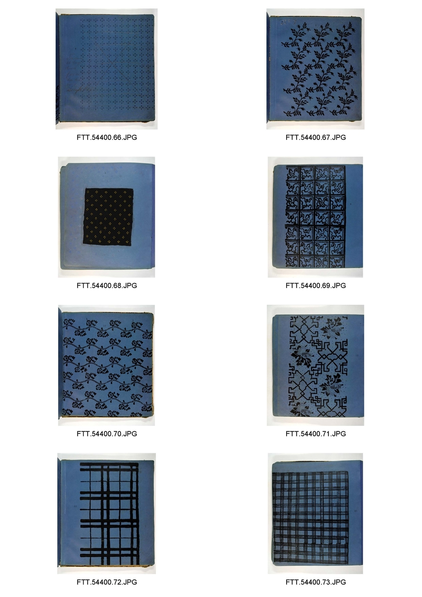 Bok med trykkblokkmønstre fra farver H. N. Schjølbergs arkiv.