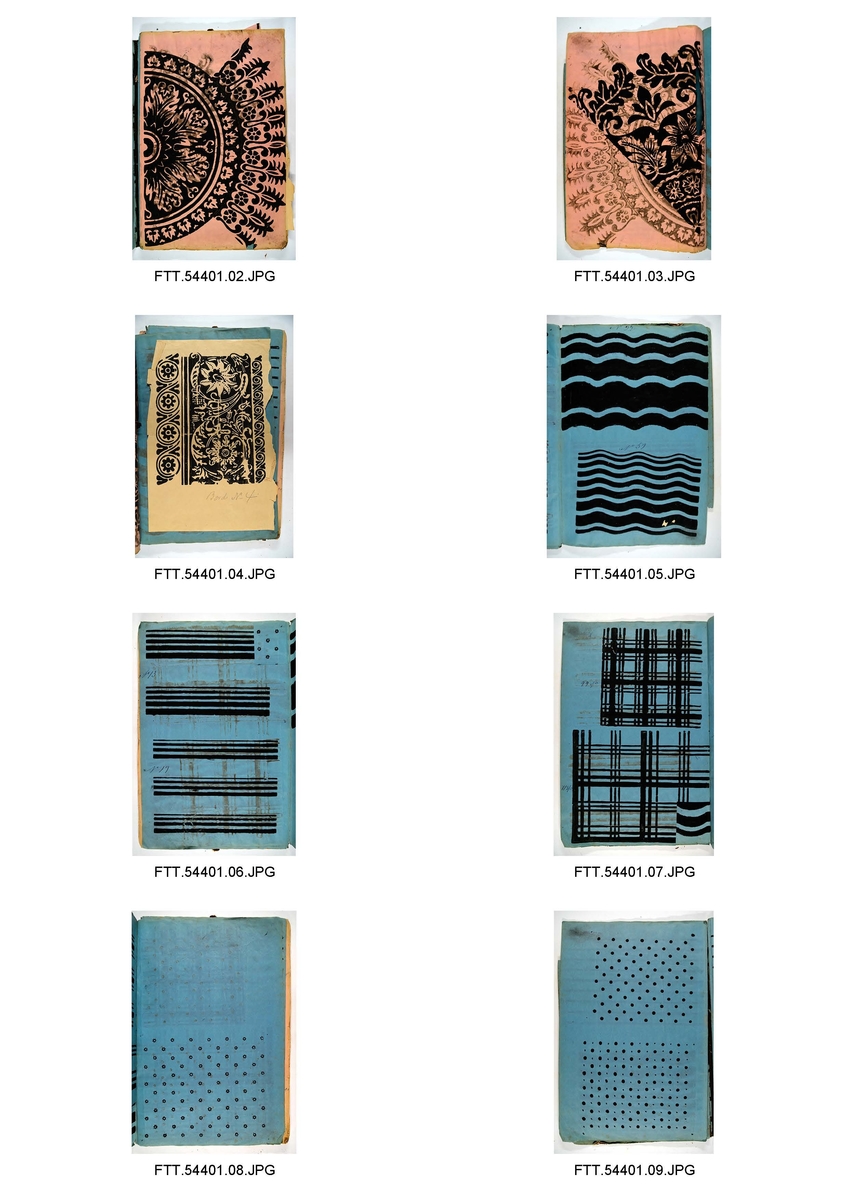 Bok med trykkblokkmønstre fra farver H. N. Schjølbergs arkiv.