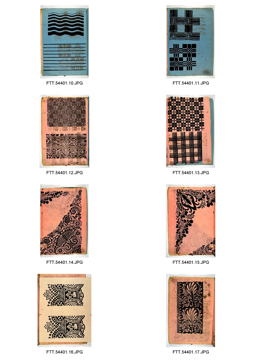 Bok med trykkblokkmønstre fra farver H. N. Schjølbergs arkiv.