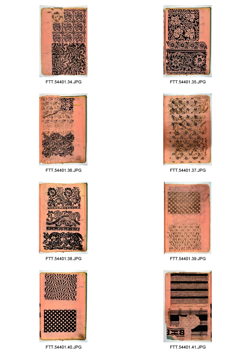 Bok med trykkblokkmønstre fra farver H. N. Schjølbergs arkiv.