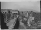 Ester Ellqvist sitter i Pompeji, en stad i Italien. Den blev förstörd 79 e Kr vid ett utbrott av vulkanen Vesuvius, som syns i bakgrunden.