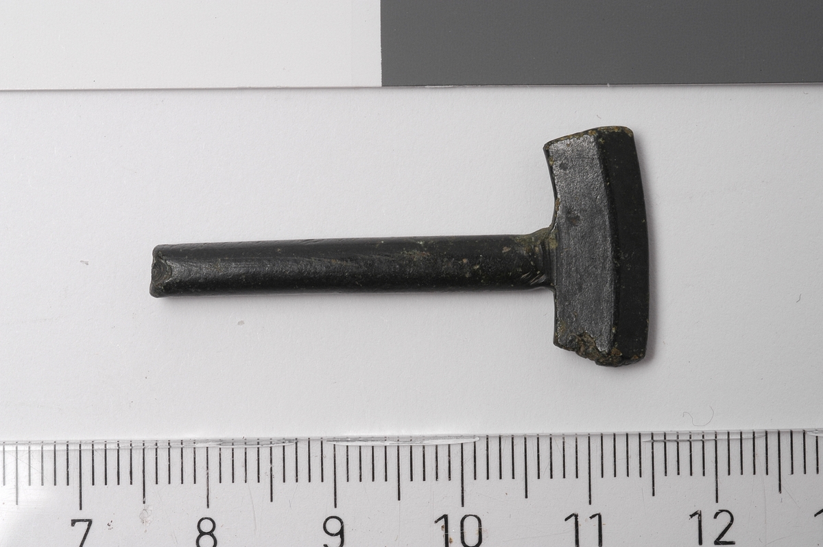 Del av en stor og flott tilvirket ringspenne. Den korte enden er selve ringspennen, med trekantet tverrsnitt og flat bakside. Deler av den tverrgående bjelken er også bevart, denne har rundt tverrsnitt. Det er ingen tegn til dekor.