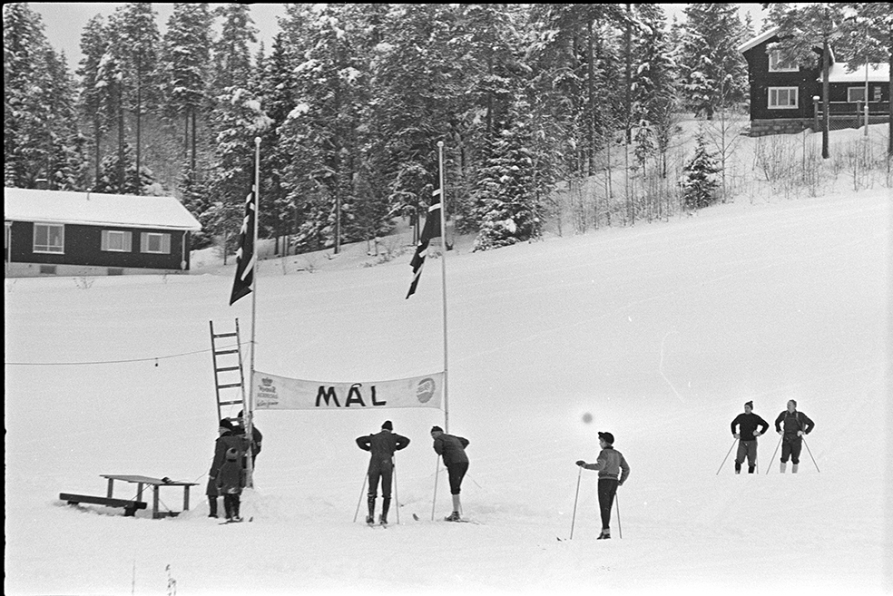 Alujordet, skiløpere,målseil, norske flagg.