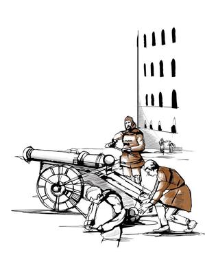 Tegning av soldater i middelalderklær som lader en kanon.