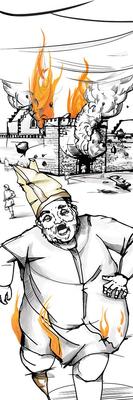 Hege Vatnalands figurering av biskop Mogens som løper vekk fra bispeborgen som står i brann.