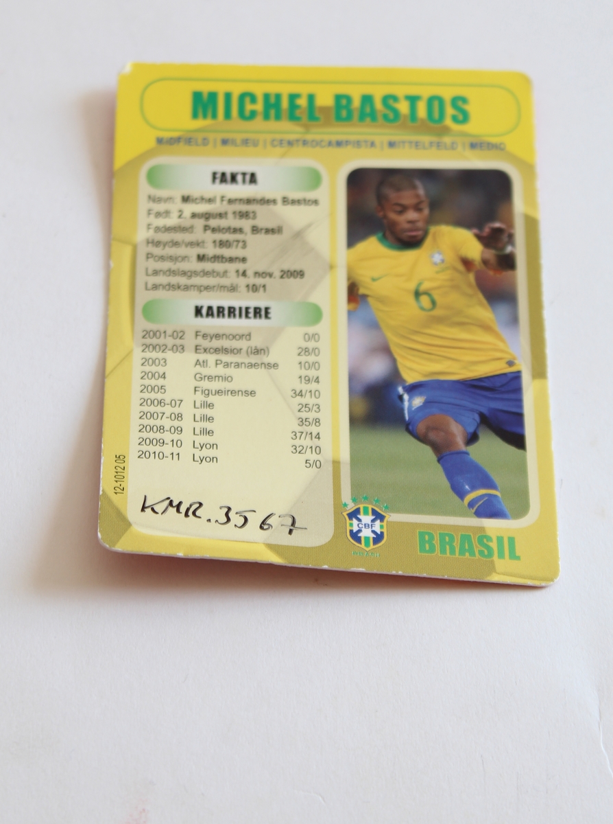 Lekt med av en gutt (f. 2011) fra Sogn og Fjordane.

Seks (6) fotball-kort av seks ulike spillere. De er Gerard Pique, Jari Litmanen, Steffen Iversen, Goran Pandev, Michel Bastos og Martin Hiden.
Alle kortene innholder fakta om spillerne, hvor de er fra og spiller, bilde og karriereinformasjon. 5 av de 6 kortene er Boing kort, de er like i format og av samme merke. Det siste er euro 2008 kort.