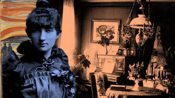 Fotomontasje med bilde av Dagny Juel og bilde fra hennes hjem.