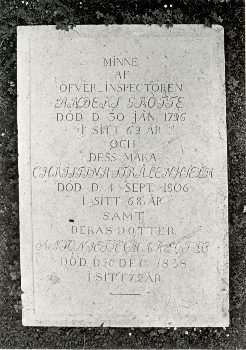 En grav i grå kalksten på Gamla kyrkogården.

Minne af  öfver-inspectoren Anders Grotte död d. 30 jan 1796 i sitt 69 år och dess maka Christina Strålenhielm död d. 4 sept. 1806 i sitt 68 år samt deras dotter Antoinette Charlotte död d 20 dec 1838 i sitt 75 år.

Längd: 209 cm, bredd: 142 cm.