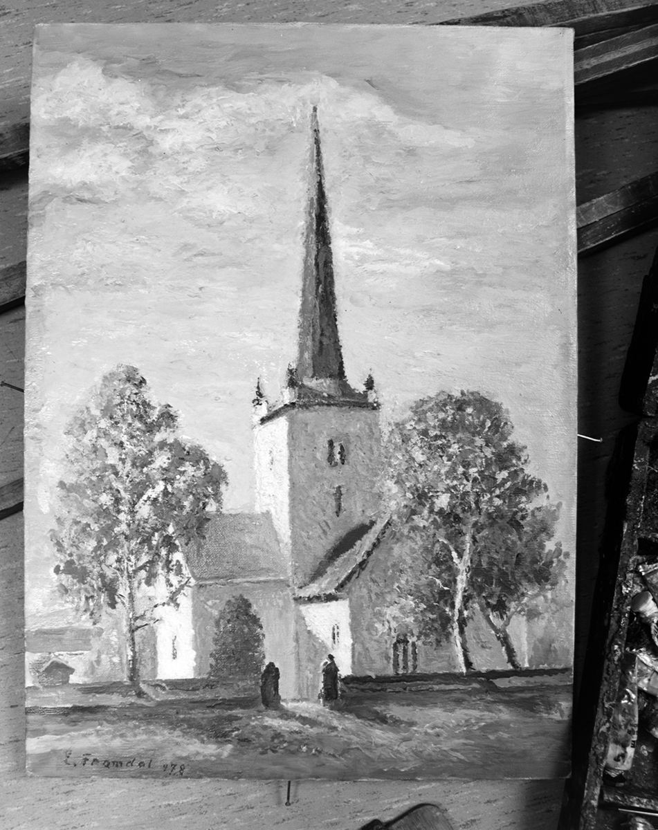 Ringsaker, Kjosdalen, Hamborg i Ulvegutua, kunstmaler Even Framdal, et av favorittmotivene: Ringsker kirke,