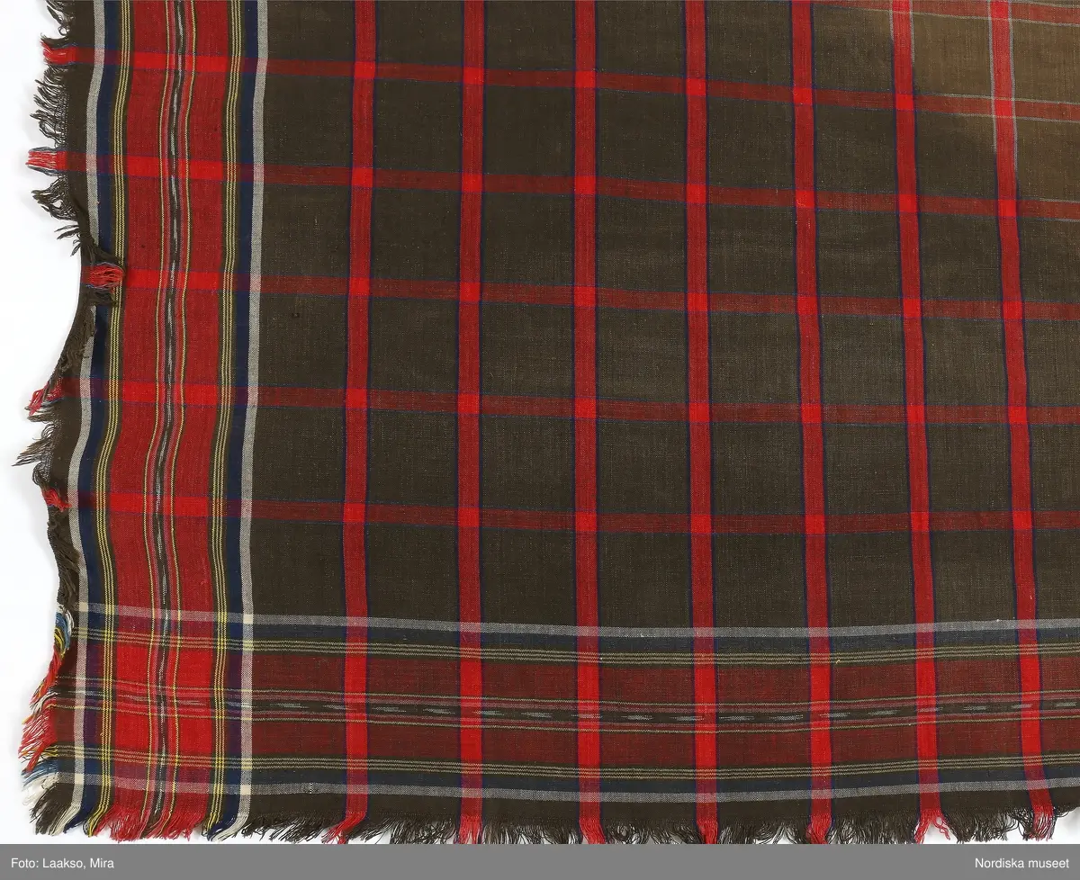 Huvudliggaren:
"Sorgdräkt för kvinna. Särk med 'hängseltåg', 'särkyvdel'; vit -'häsklä'; blått livstycke; svart tröja; huvudduk; 'svart näsduk'; hatt; 'raskförklä', 'sockar',  'hårbandsvifsa', huvudbindel."

Bilaga:
a: "8 Särk, övdel. av linne eller blågarn. med broderade linningar på överdelen"
c: "11. Hvit häsklä."
Anm: Kung Kerstin Larsdotters resa i Floda sn Dalarna 24/2 - 8/3 1912. Innehåller förteckning på inköp av dräktdelar från Floda, inv nr 117 216 - 117 239. Här finns  tillverkningstid och beskrivningar på vissa av dräktdelarna.  I vissa fall nämns också utförligt på vilka helgdagar dräktdelen  användes.

Katalogkort:
a: Hängselsärk
b. Överdel av halvlinne vävt i kypert.
c.  Halskäde av småmönstrat bomullstyg, liknande kambris, vävt  i kypertvariation med drällmönster.
d. Livstycke av mörkblå kraftig vadmal,
e. Tröja av grov svart vadmal

i. 
 Mönstervävt band med upplockat mönster i rött z-tvinnat ullgarn på vit linnebotten, med hjärtan, kryss och rombformer, 2 band om vardera 124 cm har vikts och sytts ihop så att det ena bildar en ögla och det andra har fria ändar avslutade med en tofs i bandets garn.
Läs mer om dräktskicket i Floda i: Albert Alm, Dräktalmanacka för Floda socken, Nordiska museet, Sthlm 1930
/Berit Eldvik 2005-04-14