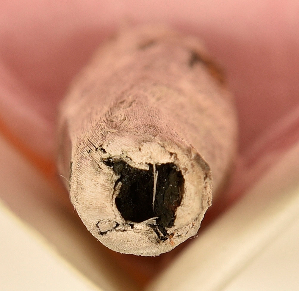 Fragment av horn. Avbruten i ena änden och sågad diagonalt till en spets i den andra änden. Ena sågytan har slipad sida. Hornets ursprungliga yta är bortnött och ytan känns närmast som torkat trä.