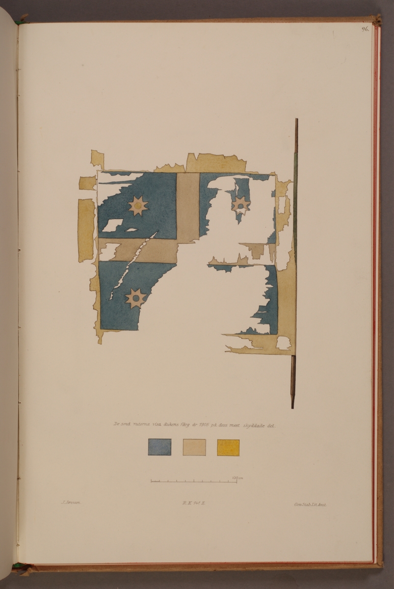 Avbildning i gouache föreställande fälttecken taget som trofé av svenska armén. Den avbildade fanan finns bevarad i Armémuseums samling, för mer information, se relaterade objekt.