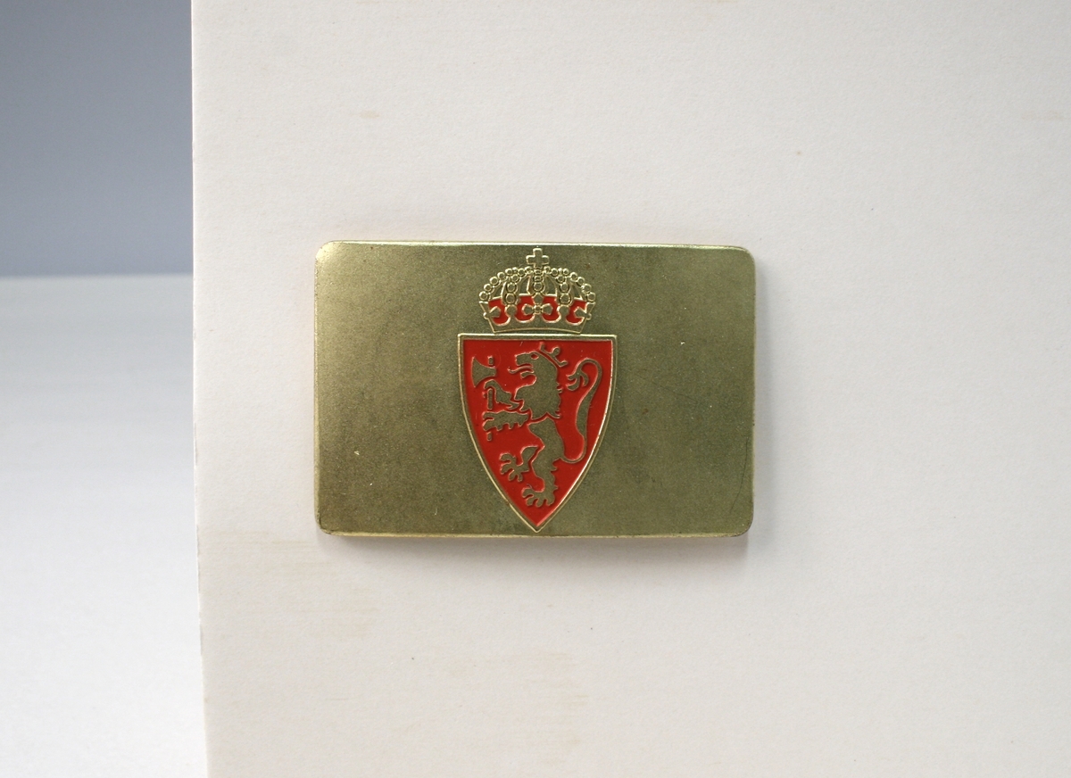 På baksiden fire stifter til å festes med. Riksvåpenet er en mellomting av riksvåpnene av 1905 og 1906, lik riksvåpenet på de andre typen polititegn modell 1944