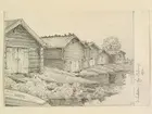 Dalarna, Malungs sn., Öje. Fiskebodar. Teckning av Ferdinand Boberg