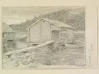 Teckning av Ferdinand Boberg. Ångermanland, Härnösands sn., Gånsvik. Fiskebodar och båtar.