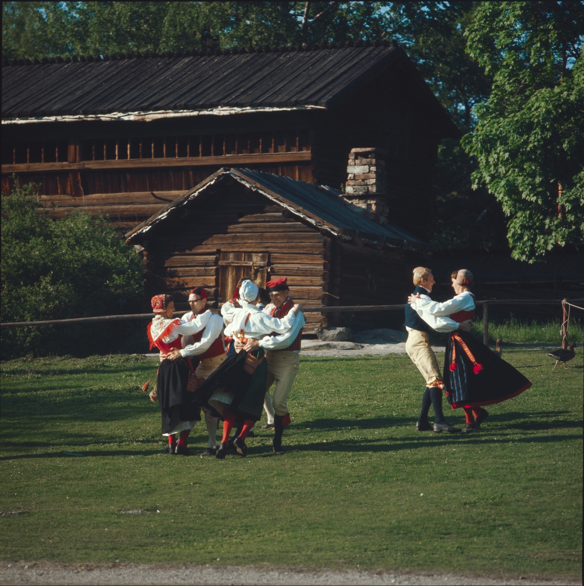 Ett folkdanslag dansar på Orsakullens gräsplan.