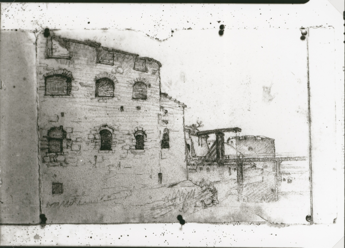 Kalmar slott tecknat av Ivan Hoflund. Norra postejen i förgrunden och västra i bakgrunden.