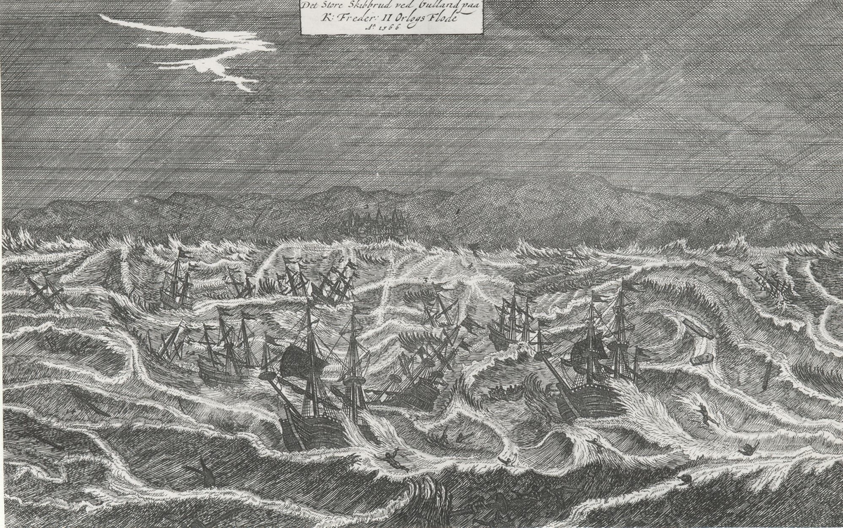 Teckning över skeppsbrott i oväder. "Det Store Skibbrud ved Gulland paa K: Freder: II Orlogs Flode 1566."