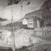 En väggmålning på Förlösa gård föreställande en hamn, fartyg och brygga.