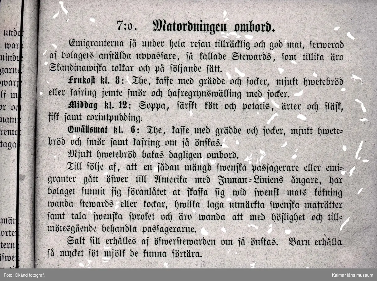 Reproduktion text ur boken "Inman Linjen" sid 21. Information om matordning på skepp som förde emigranter till Amerika.