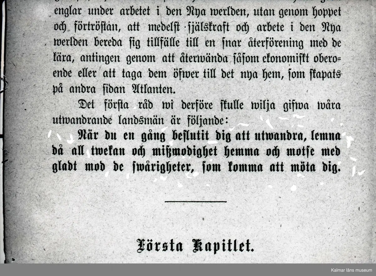Reproduktion text ur "Emigrantens vän" sid 2. Råd till emigranter.