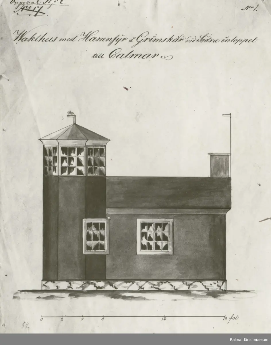 Vakthus med hamnfyr på Grimskär vid Södra inloppet till Kalmar ur Sjöfartsstyrelsens arkiv. Jfr planen fig.18.
Se f.ö artikel av Professor Martin Olsson i Kalmar län 1965, sid 34,fig.18.