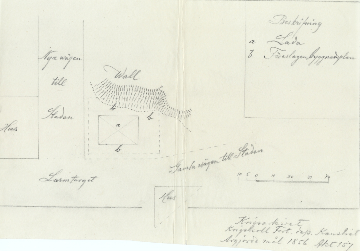 Karta över tomt Nr 44 uppmätt 1856. Avgjorda mål 1856 Akt 157.  På denna tomt byggdes sedan Teatern, invigd 1862.