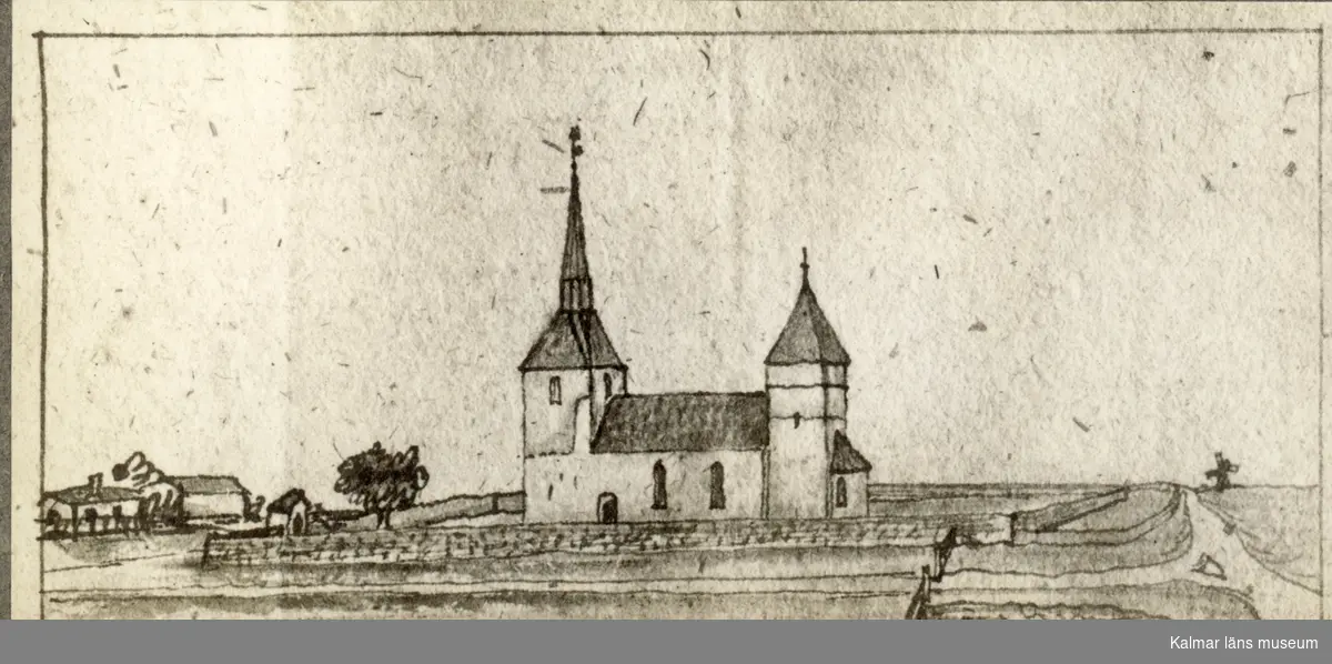 Teckning av Resmo kyrka.