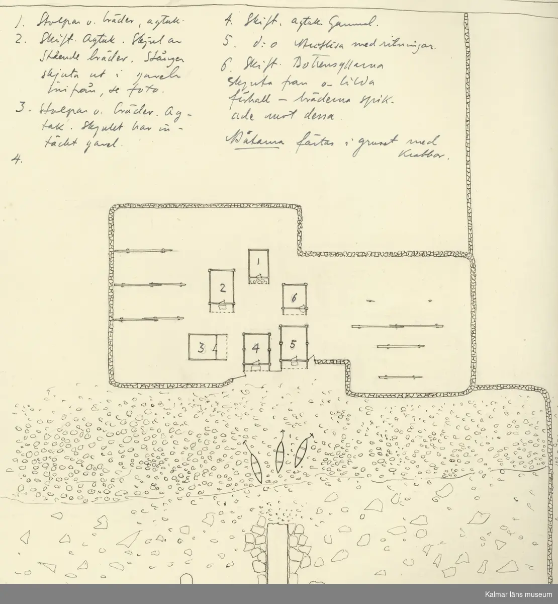 Planritning över sjöbodar i Alvedsjö.