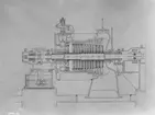 Ritning, snitt av turbin H9N.
Bild tillhörande en samling glasnegativ med motiv från AB de Lavals Ångturbin.